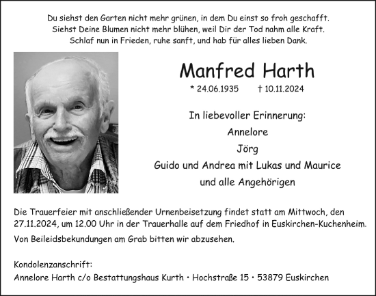 Anzeige von Manfred Harth von  Blickpunkt Euskirchen 