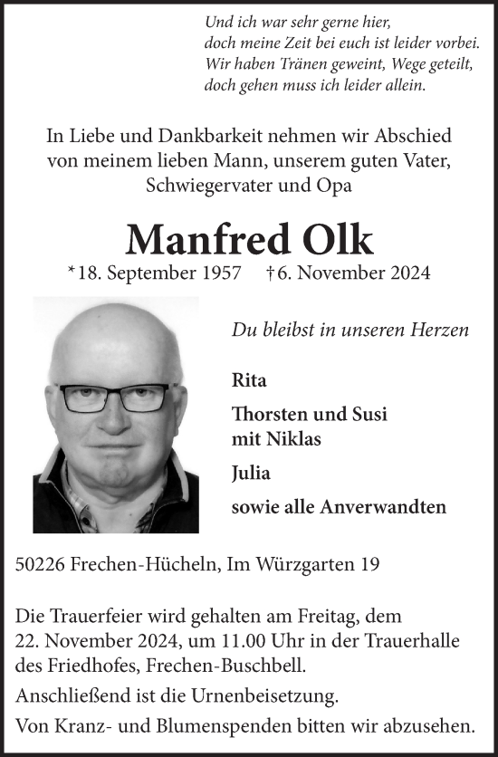 Anzeige von Manfred Olk von  Wochenende 