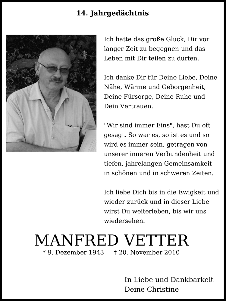  Traueranzeige für Manfred Vetter vom 20.11.2024 aus Kölner Stadt-Anzeiger / Kölnische Rundschau / Express