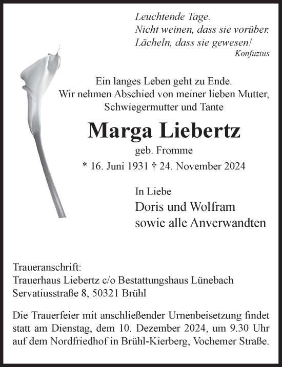 Anzeige von Marga Liebertz von  Schlossbote/Werbekurier 