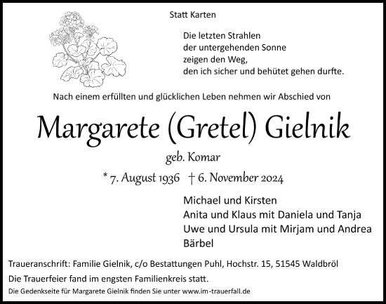 Anzeige von Margarete Gielnik von  Lokalanzeiger 
