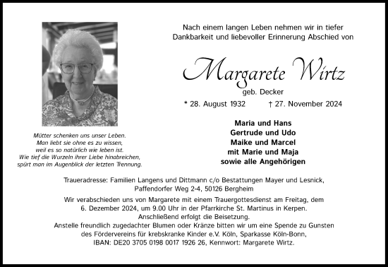Anzeige von Margarete Wirtz von Kölner Stadt-Anzeiger / Kölnische Rundschau / Express
