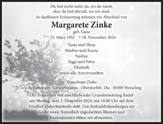 Anzeige von Margarete Zinke von  Schlossbote/Werbekurier 