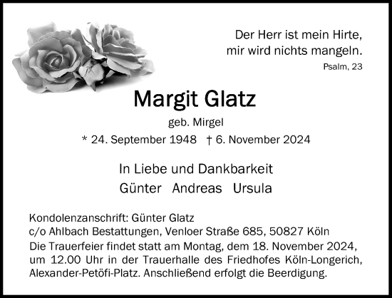 Anzeige von Margit Glatz von Kölner Stadt-Anzeiger / Kölnische Rundschau / Express