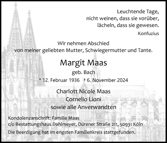Anzeige von Margit Maas von Kölner Stadt-Anzeiger / Kölnische Rundschau / Express
