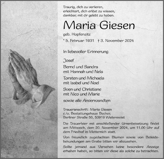 Anzeige von Maria Giesen von  Blickpunkt Euskirchen 