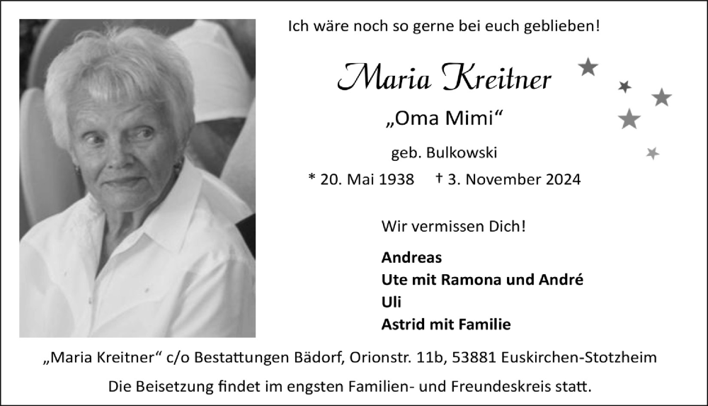  Traueranzeige für Maria Kreitner vom 09.11.2024 aus  Blickpunkt Euskirchen 