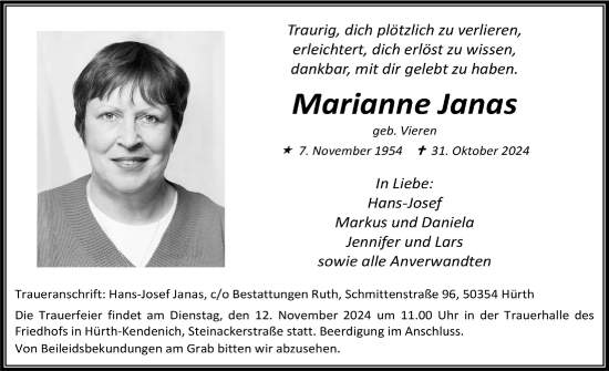 Anzeige von Marianne Janas von  Wochenende 