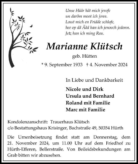 Anzeige von Marianne Klütsch von  Wochenende 