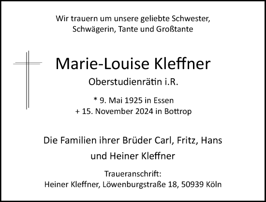 Anzeige von Marie-Louise Kleffner von Kölner Stadt-Anzeiger / Kölnische Rundschau / Express
