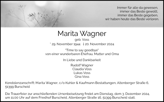 Anzeige von Marita Wagner von Kölner Stadt-Anzeiger / Kölnische Rundschau / Express