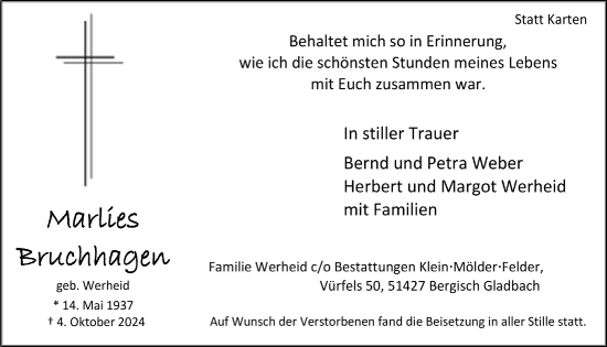 Anzeige von Marlies Bruchhagen von  Bergisches Handelsblatt 