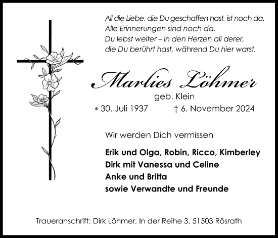 Anzeige von Marlies Löhmer von Kölner Stadt-Anzeiger / Kölnische Rundschau / Express