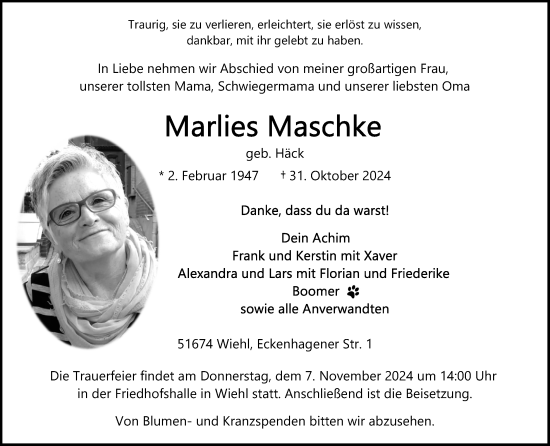 Anzeige von Marlies Maschke von Kölner Stadt-Anzeiger / Kölnische Rundschau / Express