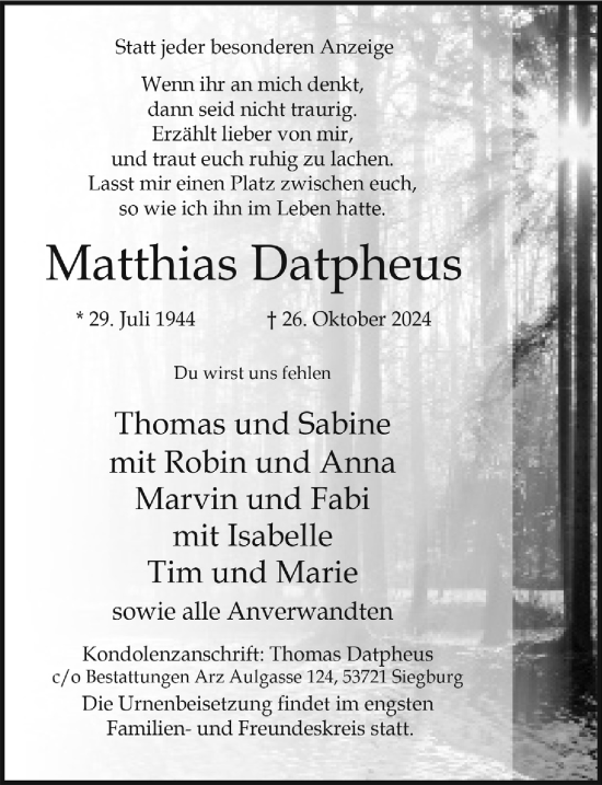 Anzeige von Matthias Datpheus von  Extra Blatt 