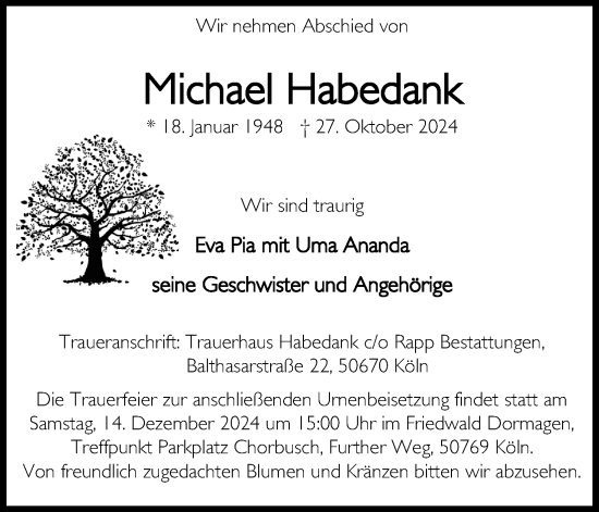 Anzeige von Michael Habedank von Kölner Stadt-Anzeiger / Kölnische Rundschau / Express