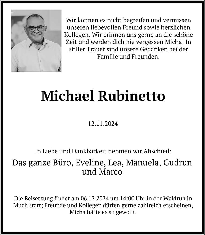  Traueranzeige für Michael Rubinetto vom 26.11.2024 aus Kölner Stadt-Anzeiger / Kölnische Rundschau / Express