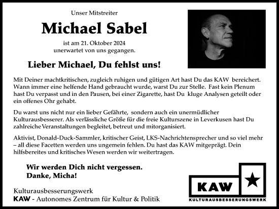 Anzeige von Michael Sabel von Kölner Stadt-Anzeiger / Kölnische Rundschau / Express