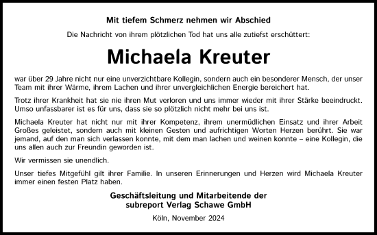 Anzeige von Michaela Kreuter von Kölner Stadt-Anzeiger / Kölnische Rundschau / Express