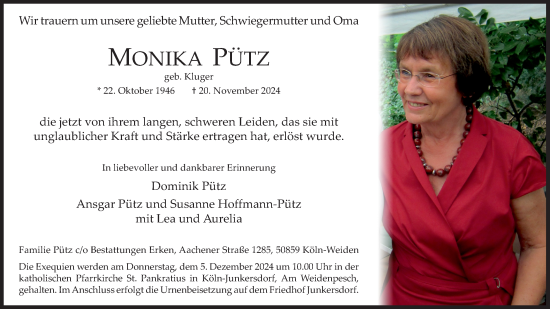 Anzeige von Monika Pütz von Kölner Stadt-Anzeiger / Kölnische Rundschau / Express