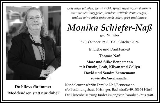 Anzeige von Monika Schiefer-Naß von  Wochenende 
