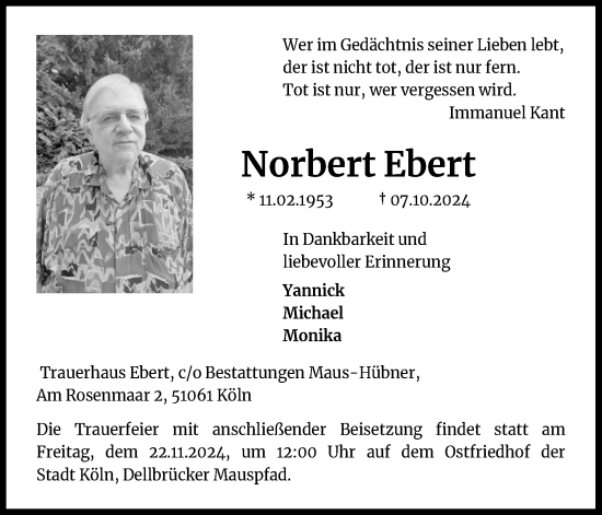 Anzeige von Norbert Ebert von Kölner Stadt-Anzeiger / Kölnische Rundschau / Express