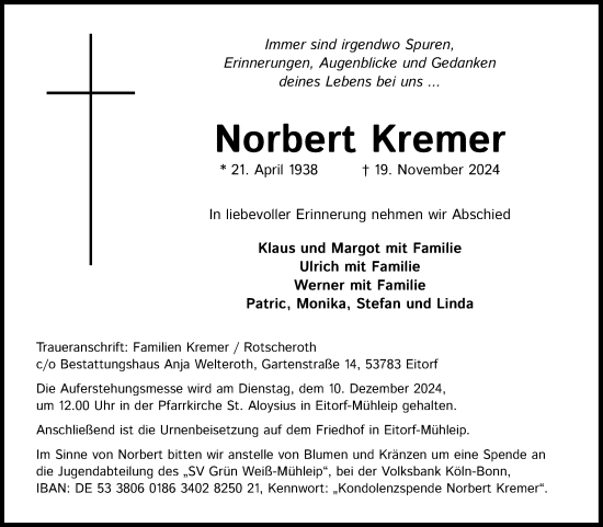 Anzeige von Norbert Kremer von Kölner Stadt-Anzeiger / Kölnische Rundschau / Express
