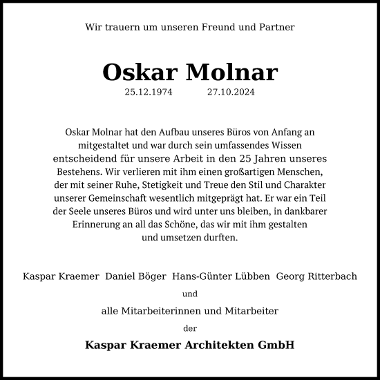 Anzeige von Oskar Molnar von Kölner Stadt-Anzeiger / Kölnische Rundschau / Express
