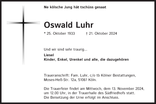 Anzeige von Oswald Luhr von Kölner Stadt-Anzeiger / Kölnische Rundschau / Express