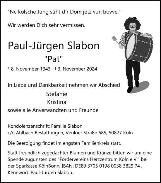 Anzeige von Paul-Jürgen Slabon von Kölner Stadt-Anzeiger / Kölnische Rundschau / Express