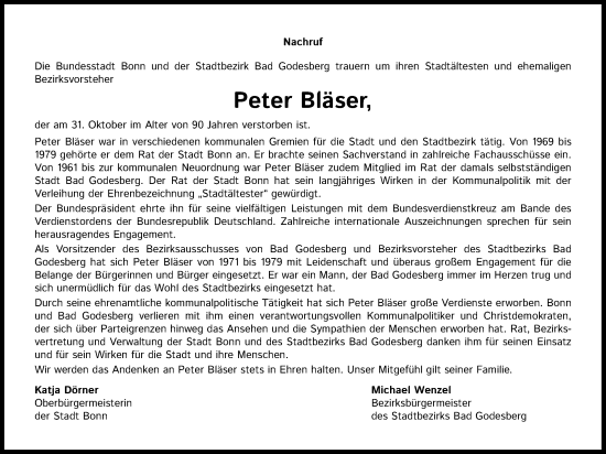 Anzeige von Peter Bläser von Kölner Stadt-Anzeiger / Kölnische Rundschau / Express