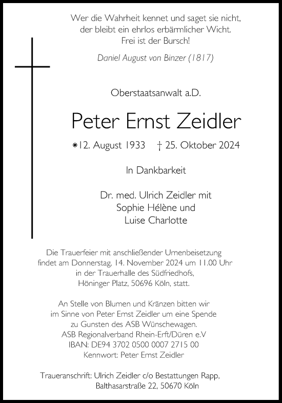 Anzeige von Peter Ernst Zeidler von Kölner Stadt-Anzeiger / Kölnische Rundschau / Express