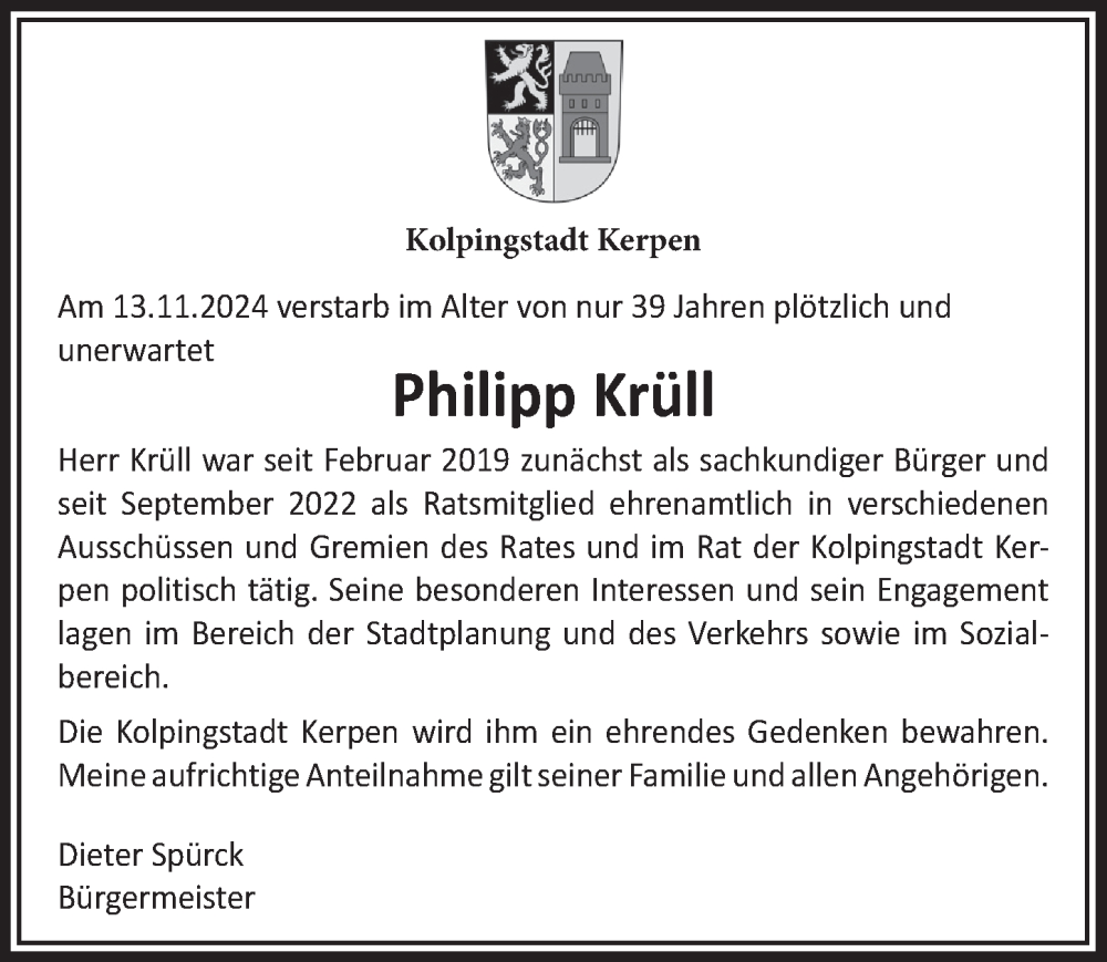 Traueranzeige für Philipp Krüll vom 22.11.2024 aus  Werbepost 