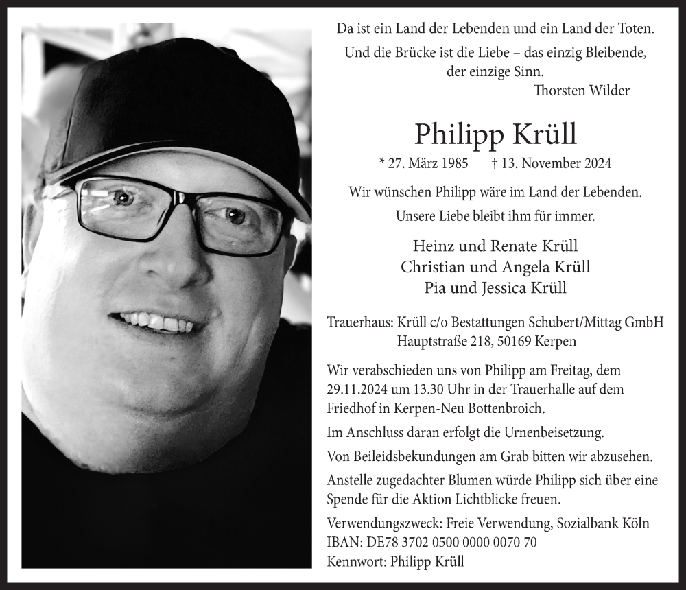 Traueranzeige für Philipp Krüll vom 22.11.2024 aus  Werbepost 
