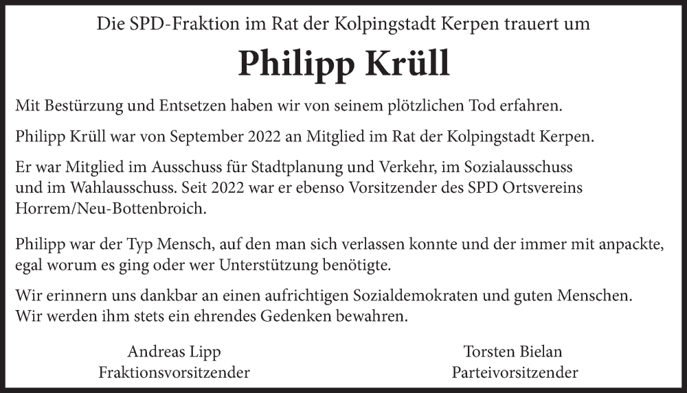  Traueranzeige für Philipp Krüll vom 22.11.2024 aus  Werbepost 