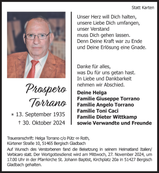Anzeige von Prospero Torrano von  Bergisches Handelsblatt 