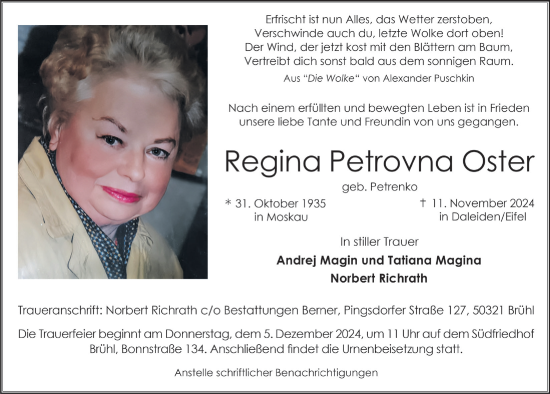 Anzeige von Regina Petrovna Oster von  Schlossbote/Werbekurier 