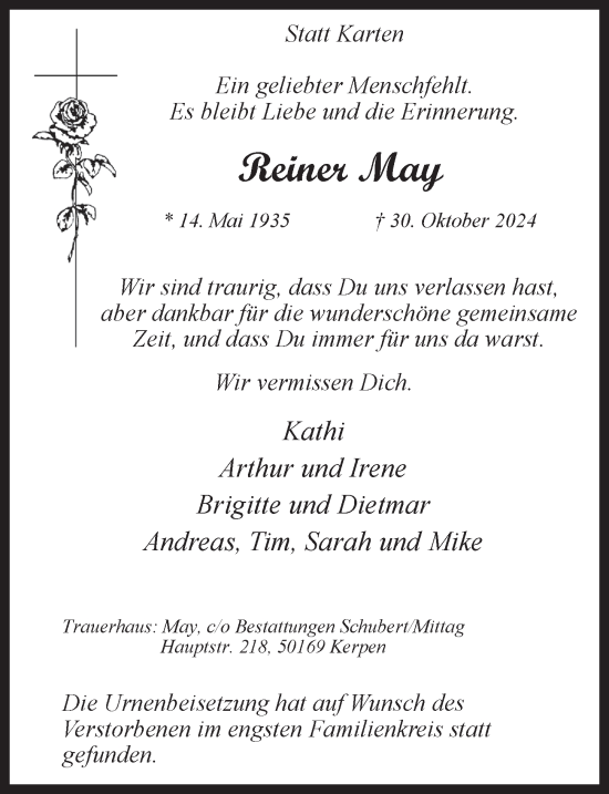 Anzeige von Reiner May von  Wochenende 