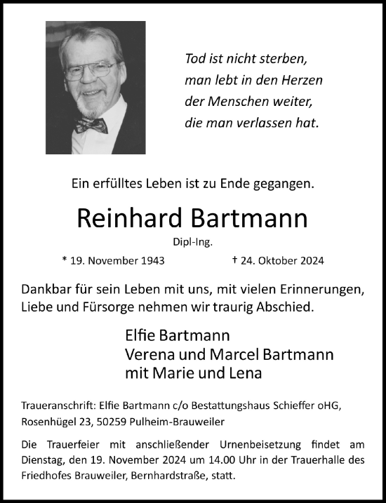 Anzeige von Reinhard Bartmann von  Wochenende 