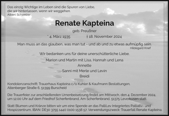 Anzeige von Renate Kapteina von Kölner Stadt-Anzeiger / Kölnische Rundschau / Express