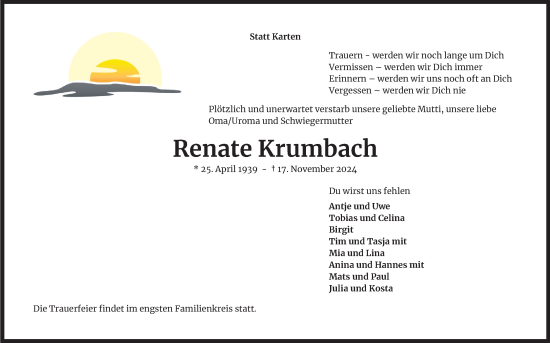 Anzeige von Renate Krumbach von Kölner Stadt-Anzeiger / Kölnische Rundschau / Express