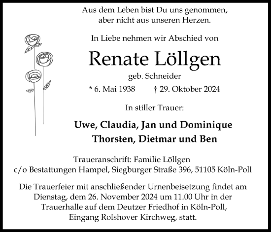 Anzeige von Renate Löllgen von Kölner Stadt-Anzeiger / Kölnische Rundschau / Express