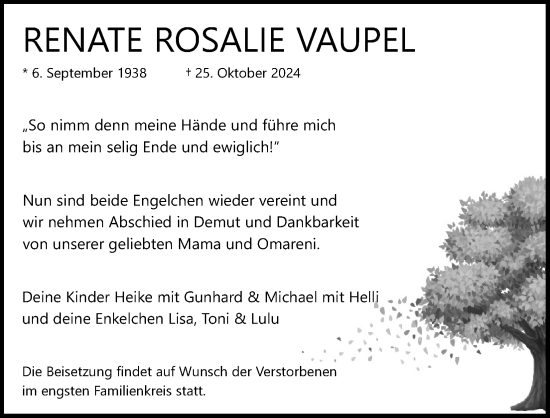 Anzeige von Renate Vaupel von Kölner Stadt-Anzeiger / Kölnische Rundschau / Express