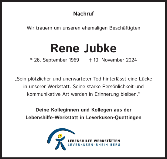 Anzeige von Rene Jubke von Kölner Stadt-Anzeiger / Kölnische Rundschau / Express