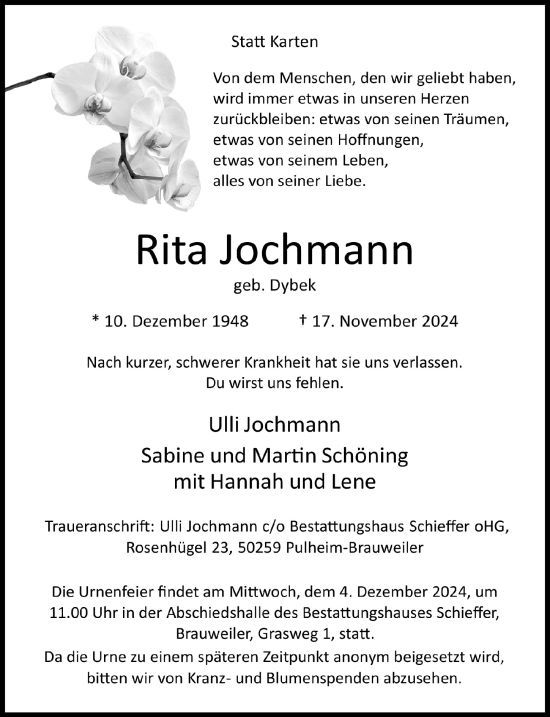 Anzeige von Rita Jochmann von  Wochenende 