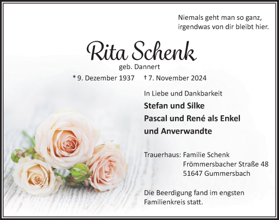 Anzeige von Rita Schenk von  Anzeigen Echo 