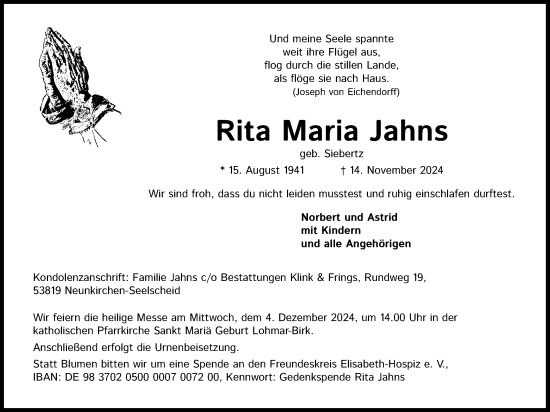Anzeige von Rita Maria Jahns von Kölner Stadt-Anzeiger / Kölnische Rundschau / Express