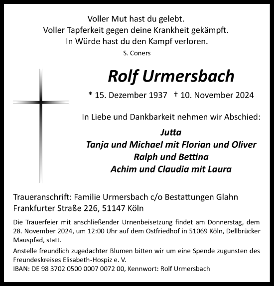 Anzeige von Rolf Urmersbach von Kölner Stadt-Anzeiger / Kölnische Rundschau / Express