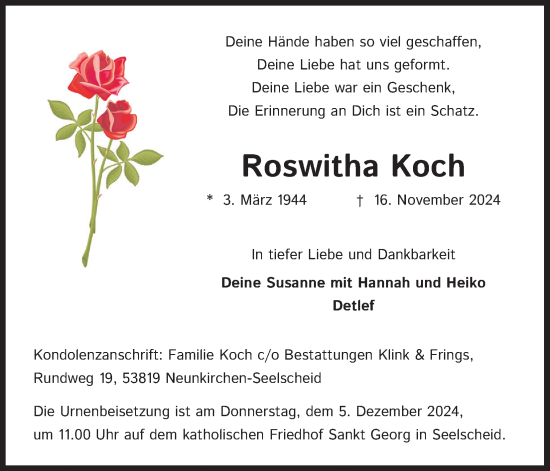 Anzeige von Roswitha Koch von Kölner Stadt-Anzeiger / Kölnische Rundschau / Express