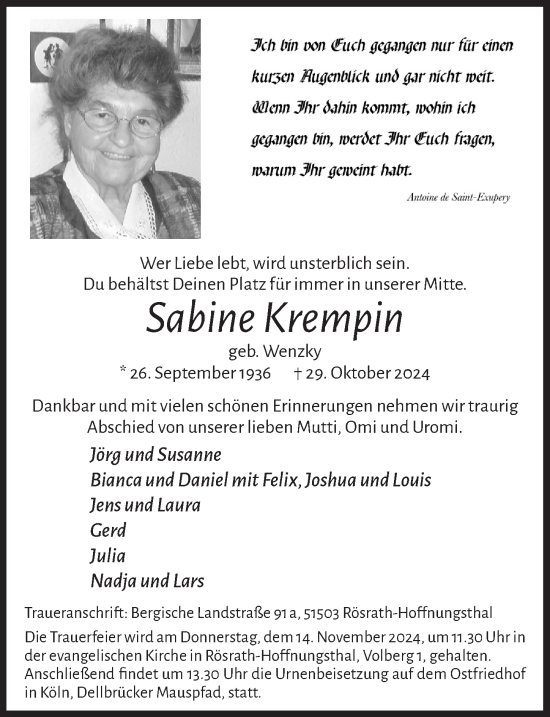 Anzeige von Sabine Krempin von  Bergisches Handelsblatt 